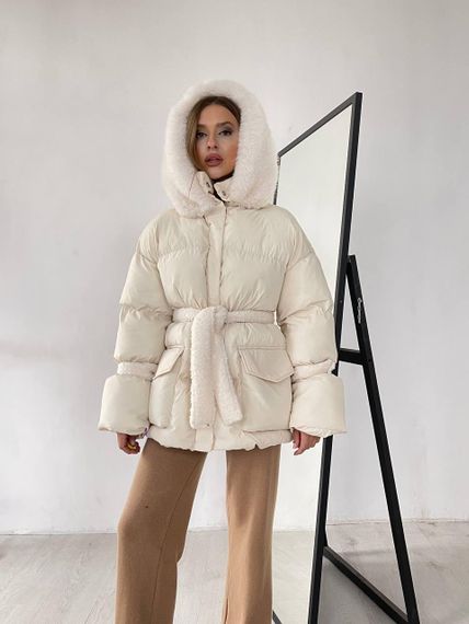 Пуховик з опушкою та капюшоном Cresh Puffer, молочний M-L | Зображення 2