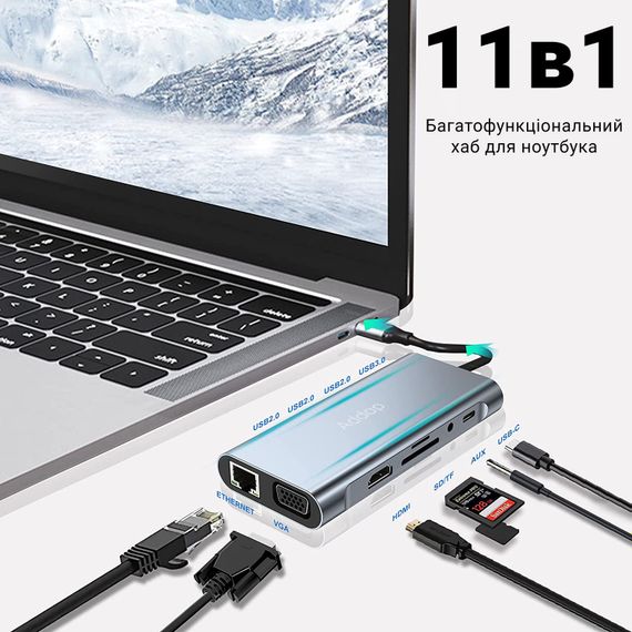 11в1 Type-C хаб для ноутбука Addap MH-13, многофункциональный разветвитель: 4 x USB 3.0 + Type-C + HDMI + VGA + Ethernet + SD + MicroSD + 3.5mm | Зображення 5