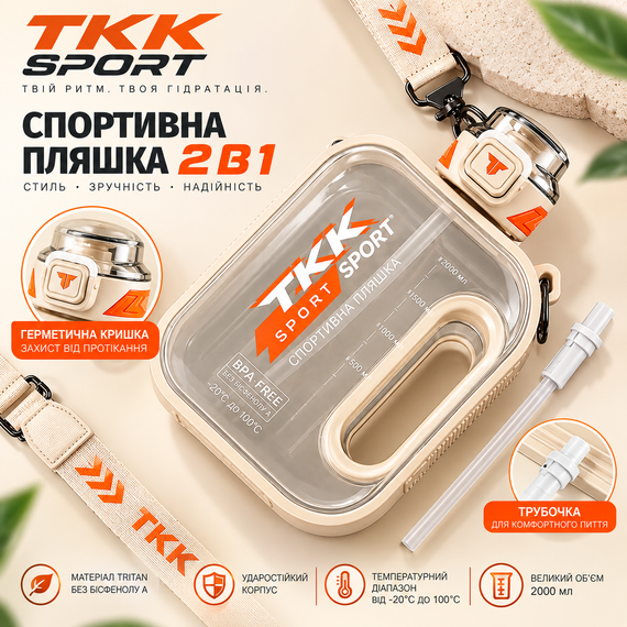 Спортивна пляшка TKK SPORT 1600 мл з ремінцем — прозора біла, ударостійкий Tritan, BPA Free, герметична пляшка для води, спорту | Зображення 4