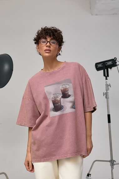 Оверсайз футболка з принтом "Coffee Cups" - пудра цвет, ONE SIZE (є розміри) | Зображення 4