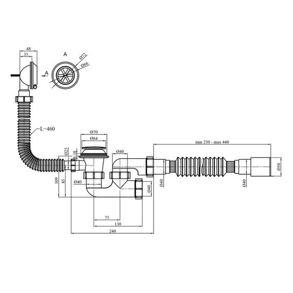 Сифон для ванни Agua BS05K 1 1/2"х40/50 мм з системою Сlick-Сlack, з переливом та ревізією | Зображення 1