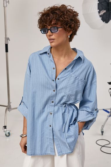 Подовжена вільна сорочка в смужку - блакитний цвет, ONE SIZE (є розміри)