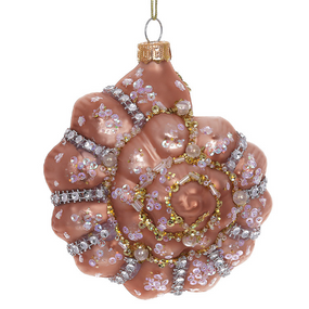 Елочное фигурное украшение из стекла Морская ракушка с декором из бисера 11см