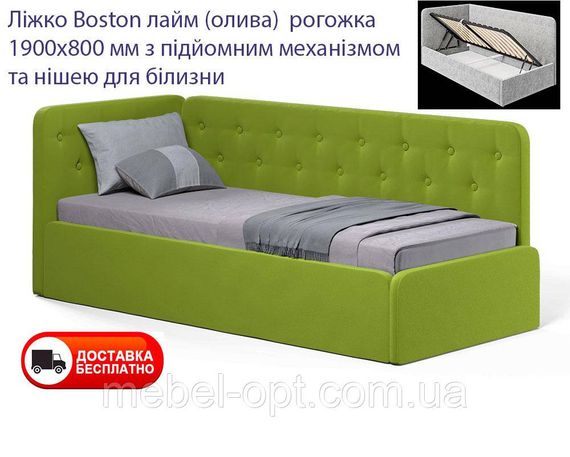 Односпальне м'яке ліжко Boston кольору лайм (олива), спальне місце 1900х800 мм з підйомним механізмом і нішею для білизни
