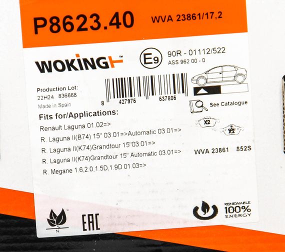 Колодки передні гальмівні Renault Megane/Scenic/Clio 02-(ATE), WOKING (P862340) | Зображення 5