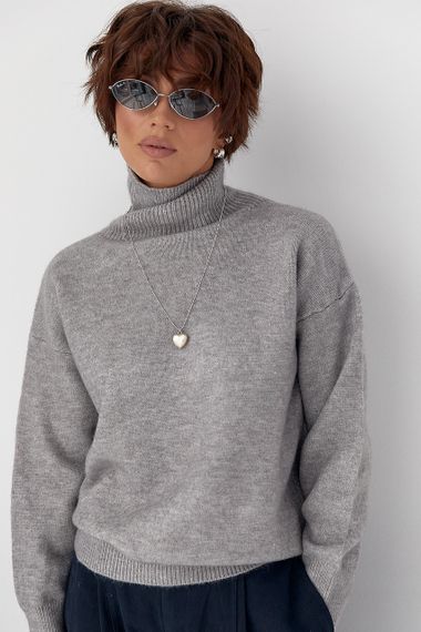 В'язаний однотонний гольф вільного фасону - сірий цвет, ONE SIZE (є розміри) | Зображення 4