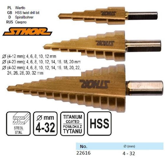 Свердла конічні ступінчасті по металу STHOR : HSS 4241, Ø=4-32 мм, 3 шт VOREL-22616