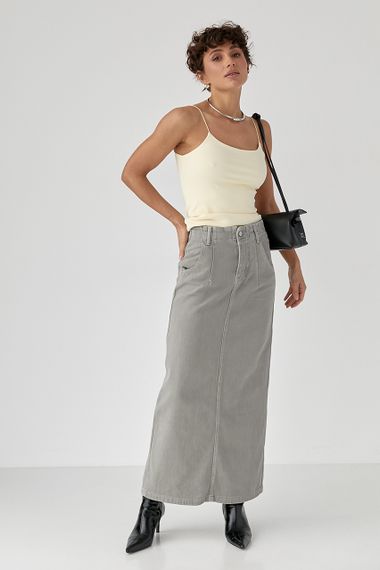 Котонова довга спідниця з розрізом - сірий цвет, L (є розміри) | Зображення 2