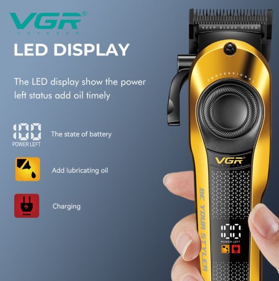 Машинка для стрижки VGR V-170 Professional Hair Clipper 6 насадок 1.5-13 мм LED-дисплей аккумуляторная 5 Вт Золотистая | Зображення 4
