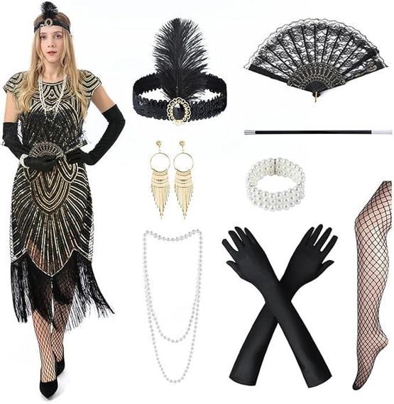 Сукня в стилі 20-х Гетсбі з паєтками бахромою перчатками аксесуарами, жіночий ретро образ для карнавалу, вечірок, Хелловіну