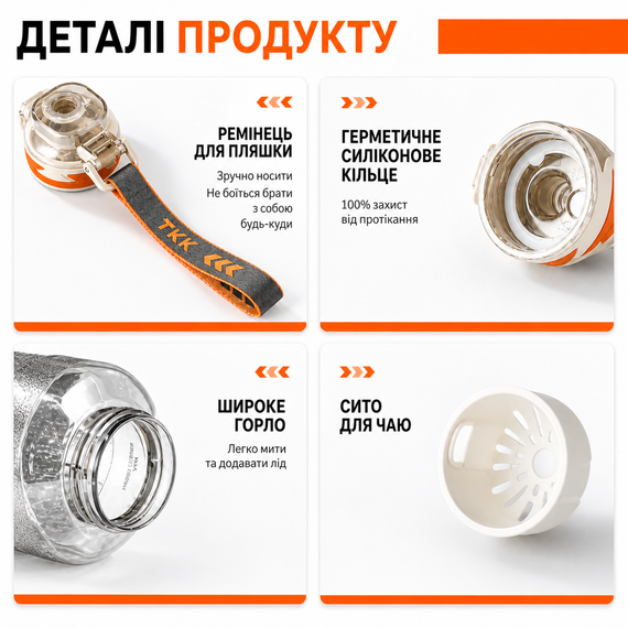 Спортивная бутылка для воды TKK 1500 мл (1.5 л): ударопрочный Tritan BPA-free, Белая | Зображення 5