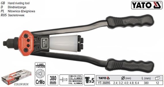 Заклепочник YATO Польша ручной двуручный Ø=2,4-6,4 l=380 мм YT-36095
