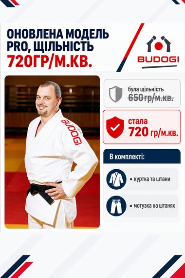 Біле кімоно для хлопців/чоловіків, дзюдо, TM BUDOGI серія PRO - оновлена модель, 190 розмір, щільність 720 гр/м.кв.