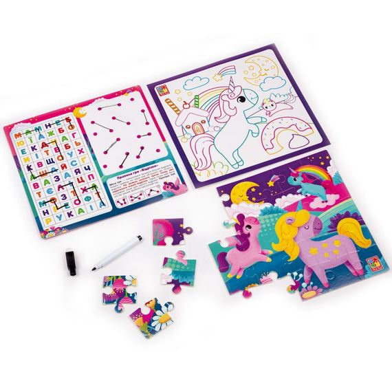 Развивающий набор 4 в 1 "Единороги" VT2002-05 пазл, раскраска, маркер | Зображення 2