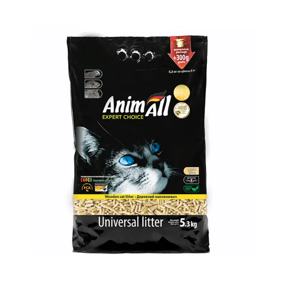 Древесный наполнитель для кошачьего туалета AnimAll  - без аромата 5,3 кг + 300 г / 22 л