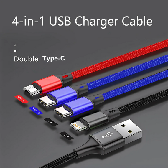 4 в 1 USB-кабель для швидкого заряджання та передавання даних 3 A (USB-C, Micro USB, Lightning) | Зображення 1