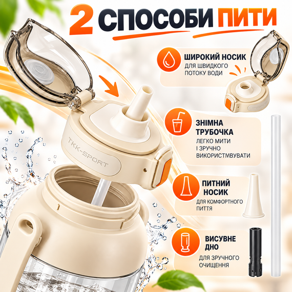 Бутылка для воды TKK 1400 мл белая спортивная из тритана BPA Free, ударопрочная, с трубочкой, ручкой и ремешком | Зображення 8