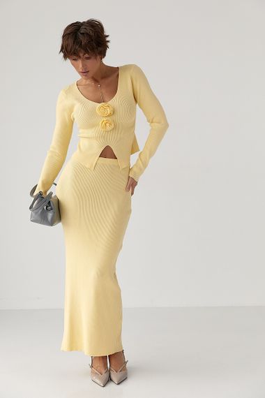 Приталений костюм в рубчик з кофти та спідниці - жовтий цвет, ONE SIZE (є розміри) | Зображення 4