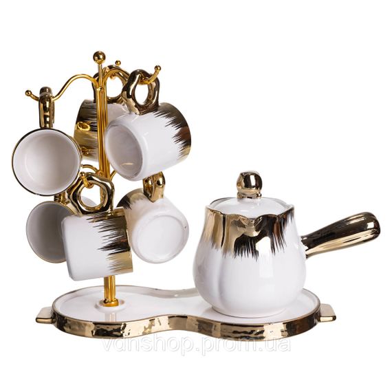 Кавовий сервіз на підставці з туркою 450 (мл) 6 чашок по 90 (мл) подарунковий набір чашок на підставці Білий із золотом FM-JJ-3 | Зображення 1
