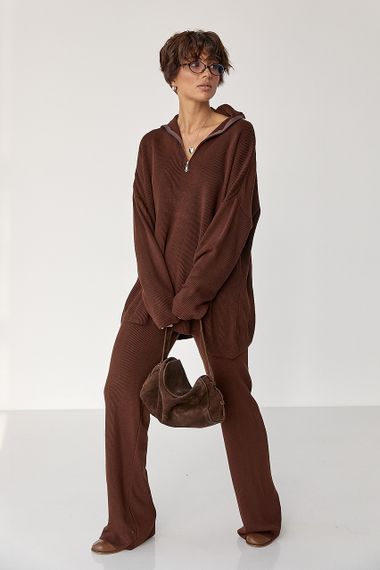 Вільний костюм в рубчик зі светром і прямими штанами - коричневий цвет, ONE SIZE (є розміри)