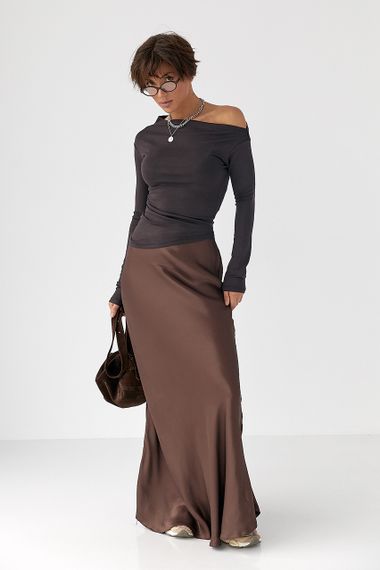 Асиметричний лонгслів з відкритим плечем - темно-коричневий цвет, M (є розміри) | Зображення 2