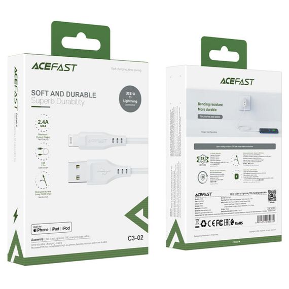 Кабель ACEFAST C3-02 USB to iP 2.4A, 1.2m, TPE, TPE connectors, White | Зображення 2