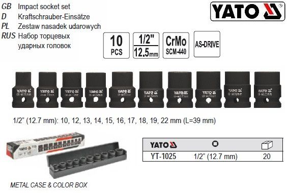 Набор головка торцевая ударная YATO Польша глубокая 1/2" 10-22 мм 10шт YT-1025 | Зображення 1