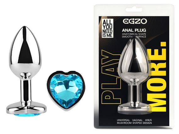 Анальна пробка з кристалом EGZO - Silver Heart Plug Aqua size M Sex Aura