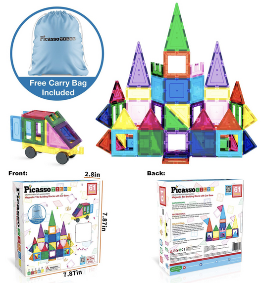 Конструктор магнітний THE BUILDING BLOCKS WITH CAR PC61/28244 PICASSO TILES, 61 деталь, у коробці | Зображення 1
