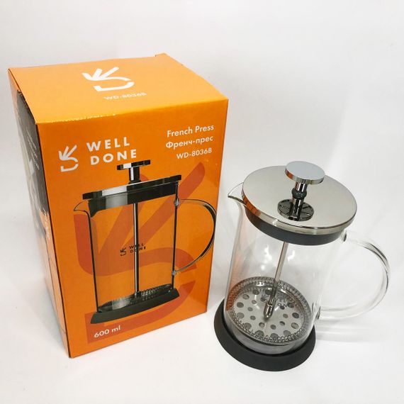 Френч-прес Well Done WD-8036B із термостійкого скла 600 мл, Чайник для заварювання трав прозорий | Зображення 7
