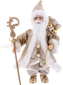 Інтерєрна новорічна фігурка Santa з подарунками та палицею 30см шампань з паєтками