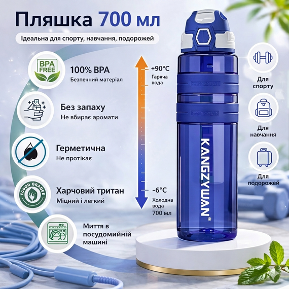 Спортивная бутылка для воды KANGZYUAN 700 мл Синяя Тритановая (BPA Free), с клапаном и поилкой | Зображення 1