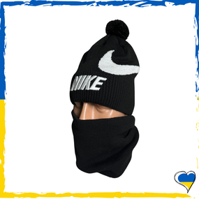 Комплект Nike черный шапка и бафф на флисе унисекс. Набор теплый. Мужской, женский, подростковый, детский