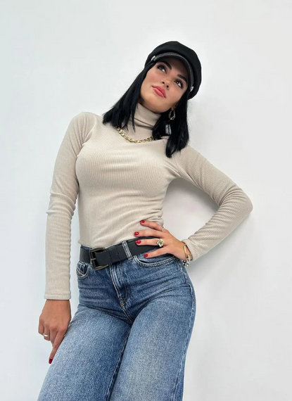 Женская теплая водолазка в рубчик на флисе GF04164 цвет бежевый, размер 46/48