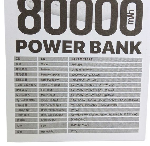 Power Bank 80000 mAh 22,5 W Remax RPP-566 реальна ємність швидке заряджання зовнішній акумулятор павербанк | Зображення 9