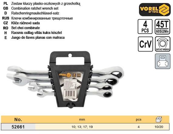 Набор ключ рожково накидной трещетка М 10-19 4 штуки VOREL-52661