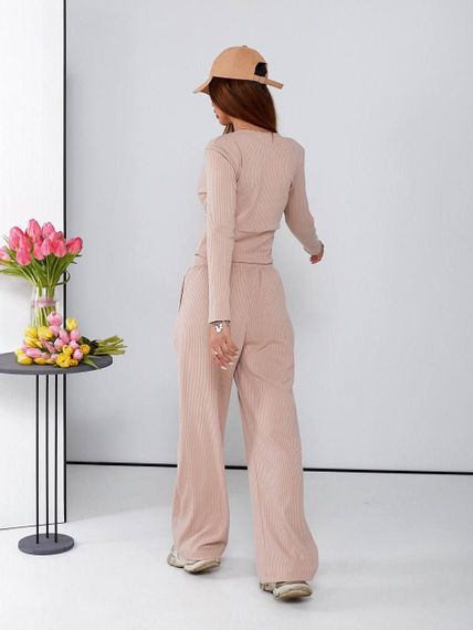 Женский костюм кроп-топ и свободные брюки палаццо трикотаж рубчик, UH376 размер 42/44, цвет бежевый | Зображення 2