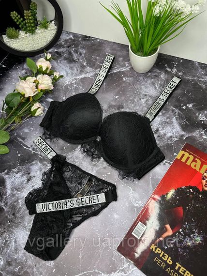 Мереживний комплект зі стірнгами Victoria`s Secret зі стразами  Вікторія Сікрет - Мереживо  - Чорний 85В | Зображення 2