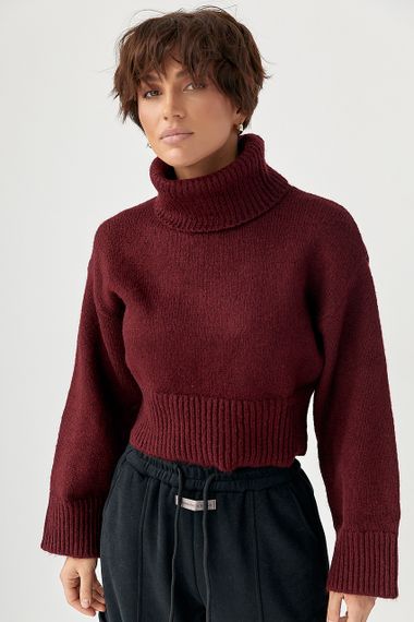 В'язаний короткий светр з високою горловиною - бордо цвет, S (є розміри) | Зображення 3