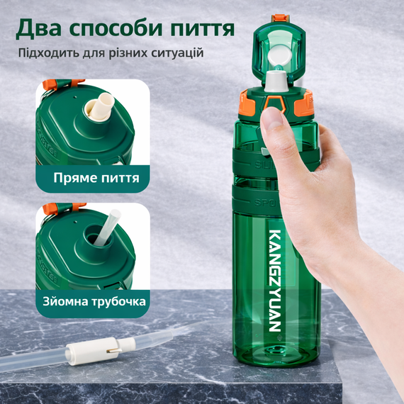 Спортивная бутылка для воды KANGZYUAN 500 мл Зеленая Тритановая (BPA Free), с клапаном и поилкой | Зображення 6