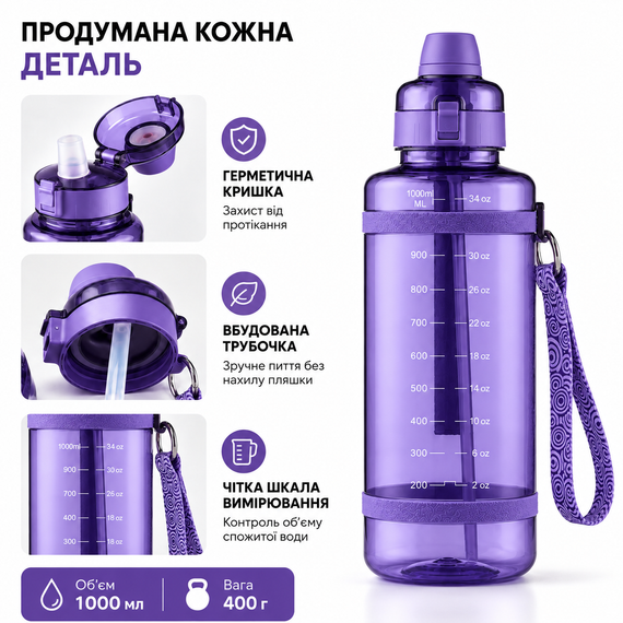 Удобная спортивная бутылка с соломинкой 1000 мл из тритана фиолетовая | Зображення 6