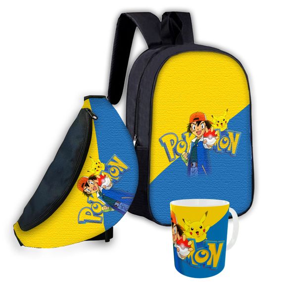 Набір дитячий Покемон Пікачу рюкзак 36х27см сумка-бананка, кружка з принтом для хлопчика (01567)