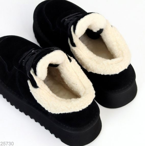 Чорні кросівки уггі натуральна замша + бежеве хутро Тедді | Зображення 4