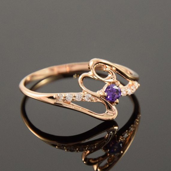 Кольцо из красного золота с аметистом и фианитами 18.5 | Зображення 2