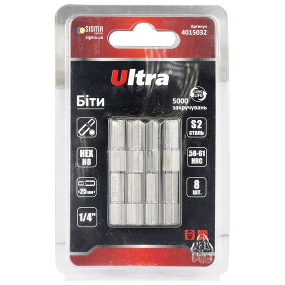 Набір біт Ultra HEX 8×25мм ¼" 8шт S2 (блістер) 4015032