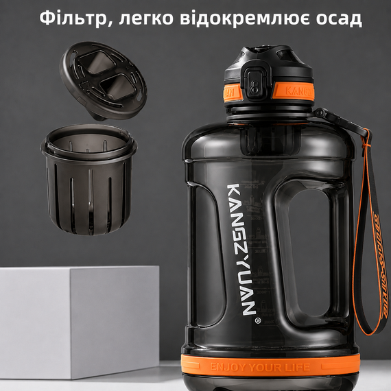 Эко-бутылка KANGZYUAN 2200 мл (2.2 л) - Черная Tritan BPA-free, ударопрочная, спортивная с ручкой и ремешком | Зображення 5
