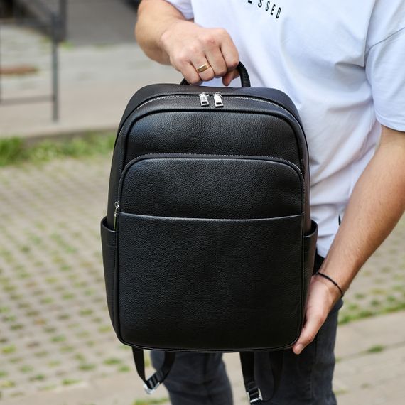 Універсальний чоловічий рюкзак із шкіри 41х31х16, зручний наплічник для ноутбука та документів, чорний | Зображення 5