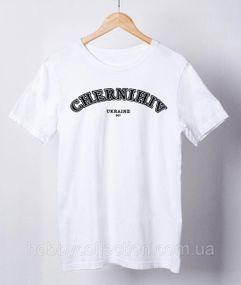 Футболка жіноча із патріотичним принтом "Chernihiv Ukraine 907" біла