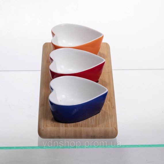 Набор менажниц фарфоровых для закусок 3 (шт) по 100 (мл) менажницы в форме сердца на бамбуковой подставке TX001 | Зображення 5