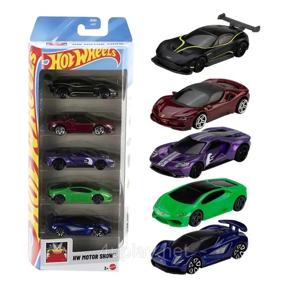 Hot Wheels Motor Show Подарунковий набір з 5-ти машинок Хот Вілс Aston Martin, Ferrari, Ford GT, Lamborghini, Lotus